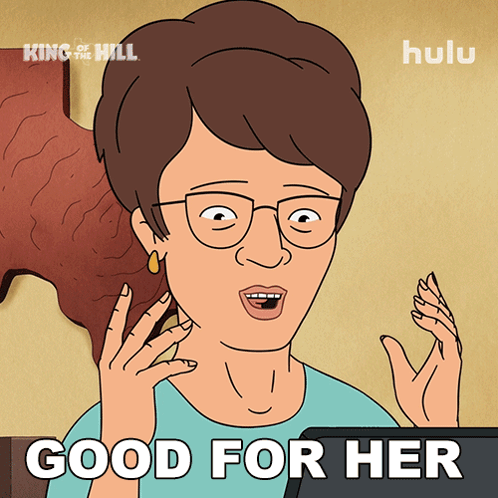 A Cartoon Of A Woman With Glasses And The Words Good For Her GIF