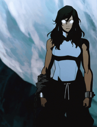A Cartoon Of A Woman With Glowing Eyes Standing In Front Of A Mountain GIF