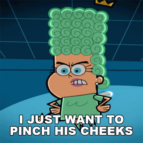 A Cartoon Of A Woman With Green Hair Says I Just Want To Pinch His Cheeks GIF