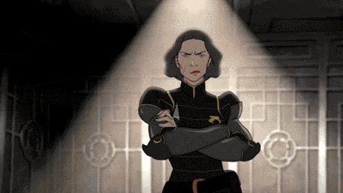 A Cartoon Of A Woman With Her Arms Crossed In Front Of A Spotlight GIF