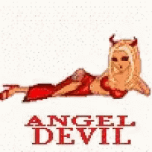 A Cartoon Of A Woman With Horns Laying Down With The Words Angel Devil Above Her . GIF
