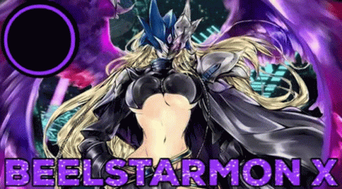 A Cartoon Of A Woman With Long Blonde Hair And A Purple Background With The Words Beelstarmon X Written On It . GIF