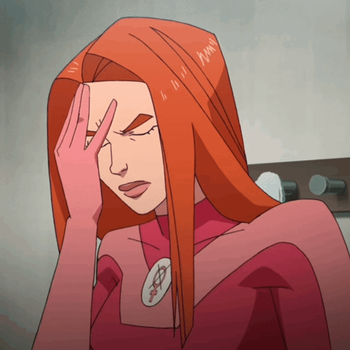 A Cartoon Of A Woman With Long Red Hair Holding Her Head GIF