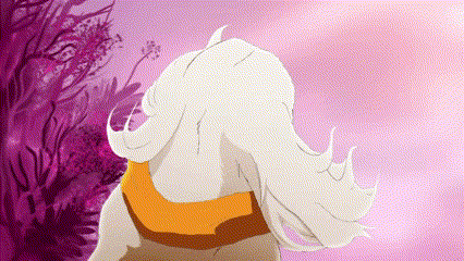 A Cartoon Of A Woman With Long White Hair And A Scarf Around Her Neck GIF
