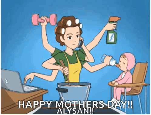 a cartoon of a woman with many hands cooking and talking on the phone