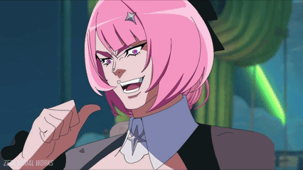 A Cartoon Of A Woman With Pink Hair And Purple Eyes Says Zero Visual Works On The Bottom GIF