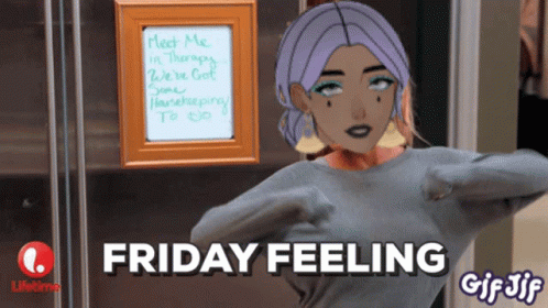 A Cartoon Of A Woman With Purple Hair And The Words Friday Feeling Below Her GIF