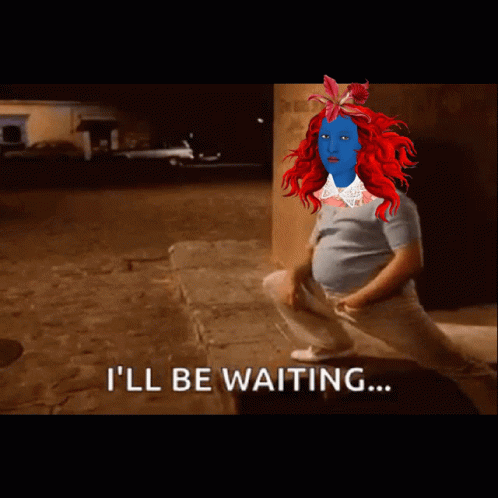 A Cartoon Of A Woman With Red Hair And The Words " I 'Ll Be Waiting " GIF