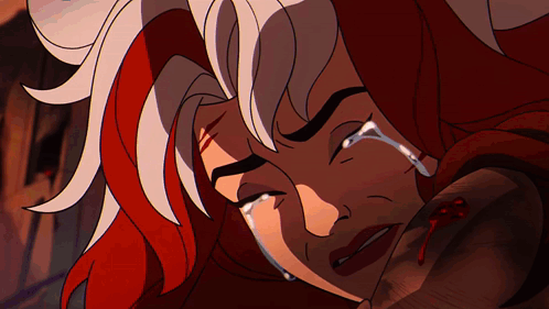 A Cartoon Of A Woman With Red Hair And White Hair Crying GIF