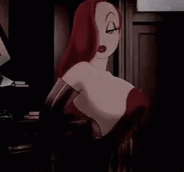 A Cartoon Of A Woman With Red Hair Is Standing In Front Of A Door In A Dark Room . GIF