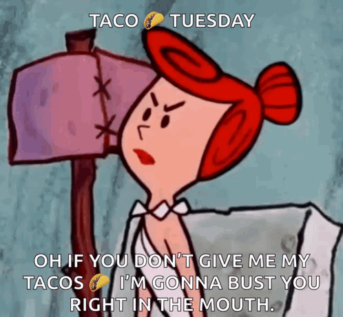 A Cartoon Of A Woman With Red Hair Says Taco Tuesday On The Bottom GIF