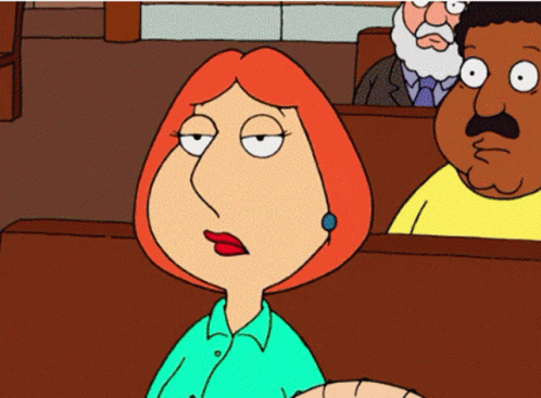 A Cartoon Of A Woman With Red Hair Sitting In A Church GIF