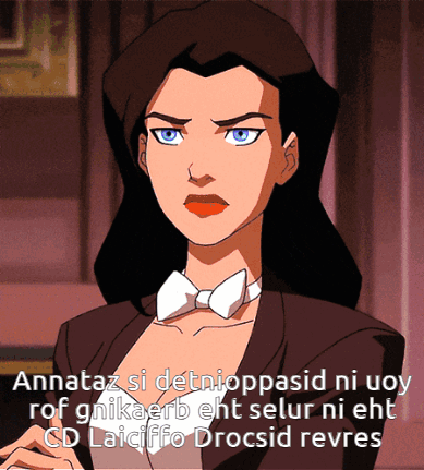 A Cartoon Of A Woman With The Words " Annataz Si Detnioppasid Ni Uoy " On The Bottom GIF