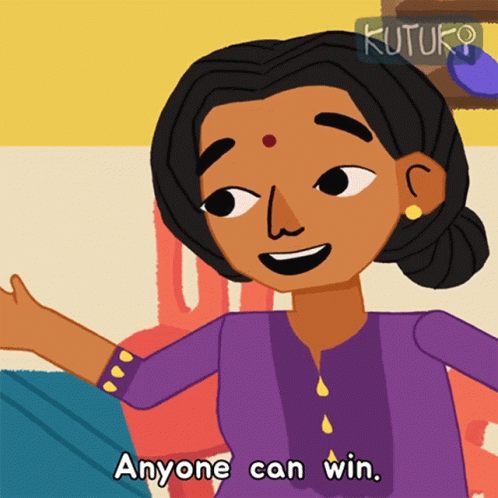 A Cartoon Of A Woman With The Words Anyone Can Win Below Her GIF