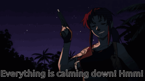 a cartoon of a woman with the words everything is calming down hmm