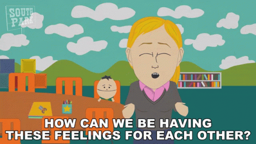 A Cartoon Of A Woman With The Words " How Can We Be Having These Feelings For Each Other " Below Her GIF