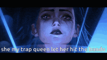 A Cartoon Of A Woman With The Words " She My Trap Queen Let Her Hit The Bando " GIF