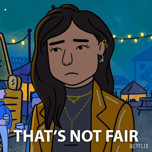 a cartoon of a woman with the words that 's not fair below her