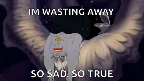 A Cartoon Of A Woman With Wings And The Words `` Im Wasting Away So Sad So True '' Written On It . GIF