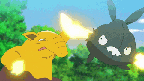 A Cartoon Of A Yellow Cat And A Black Rabbit Fighting GIF