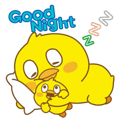 a cartoon of a yellow duck sleeping with the words good night written above it