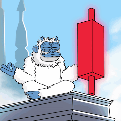 a cartoon of a yeti sitting on a ledge holding a red block