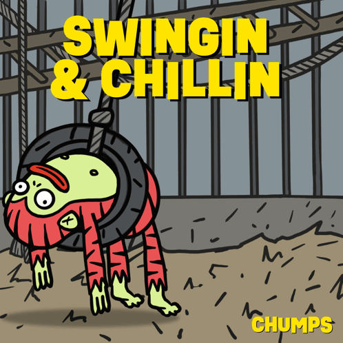 A Cartoon Of A Zombie Hanging From A Tire With The Words Swingin & Chillin On The Bottom GIF