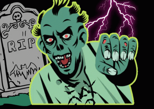 a cartoon of a zombie standing in front of a gravestone that reads rip