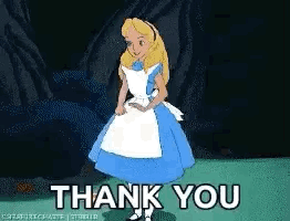 A Cartoon Of Alice From Alice In Wonderland Is Dancing And Saying Thank You . GIF