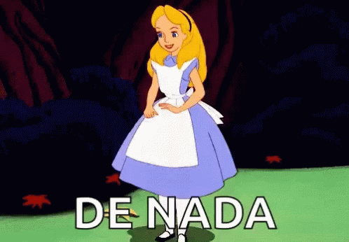 A Cartoon Of Alice From Alice In Wonderland Is Standing In A Field With The Words De Nada Written On The Bottom GIF