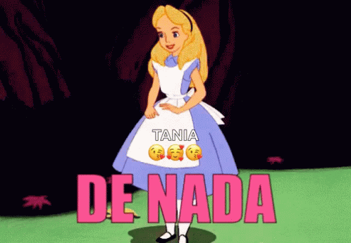 A Cartoon Of Alice From Alice In Wonderland Standing In A Field With The Words De Nada In Pink GIF