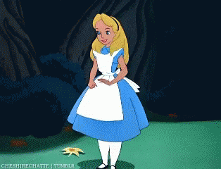 A Cartoon Of Alice From Alice In Wonderland Standing In Front Of A Tree GIF