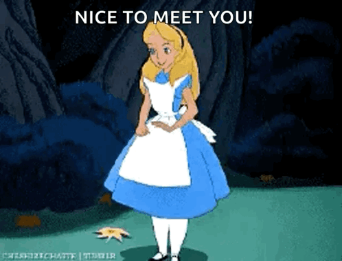 A Cartoon Of Alice From Alice In Wonderland With The Words Nice To Meet You GIF