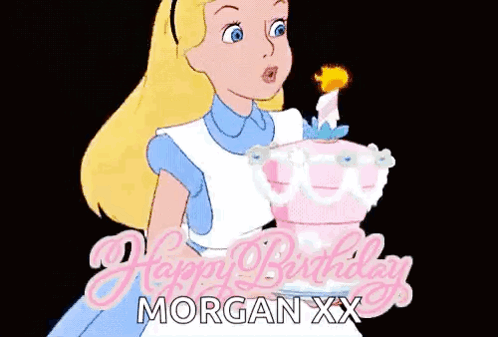 A Cartoon Of Alice In Wonderland Holding A Birthday Cake GIF