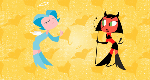 A Cartoon Of An Angel And A Devil Standing Next To Each Other On A Yellow Background GIF