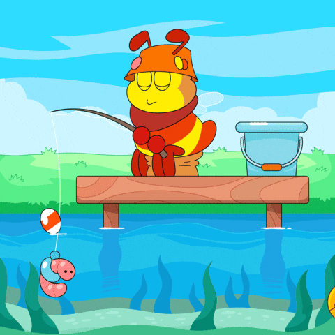 A Cartoon Of An Ant Fishing On A Dock GIF