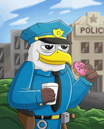 a cartoon of an eagle police officer eating a donut and drinking coffee
