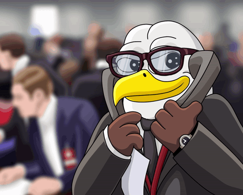 a cartoon of an eagle wearing glasses and a tie talking on a phone