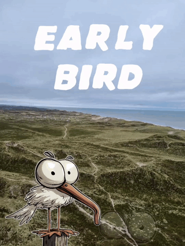 A Cartoon Of An Early Bird Standing On A Post Overlooking A Landscape GIF