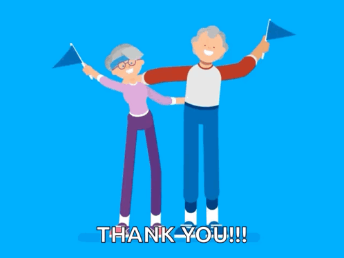 A Cartoon Of An Elderly Couple Holding Flags With The Words Thank You Written Beneath Them GIF