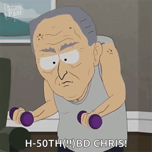 A Cartoon Of An Elderly Man Lifting Dumbbells And Saying `` H-50Th ( !! ) Bd Chris! '' GIF