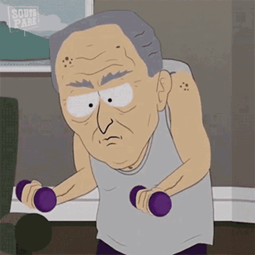 a cartoon of an elderly man lifting dumbbells from south park