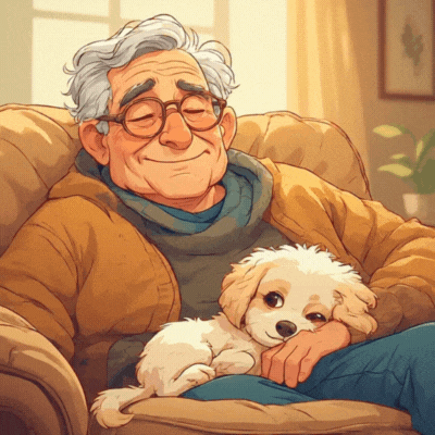 A Cartoon Of An Elderly Man Sitting In A Chair With His Eyes Closed Holding A Small Dog GIF