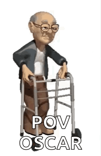 A Cartoon Of An Elderly Man Using A Walker With The Words Pov Oscar Written On It . GIF