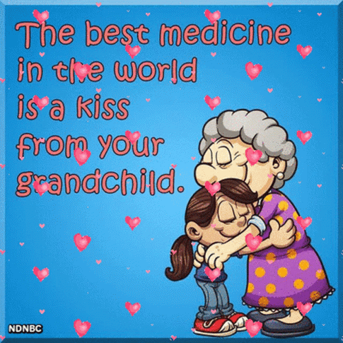 A Cartoon Of An Elderly Woman Hugging A Young Girl With A Quote About The Best Medicine In The World GIF
