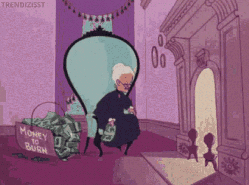 A Cartoon Of An Elderly Woman Sitting In Front Of A Fireplace With A Basket Full Of Money GIF