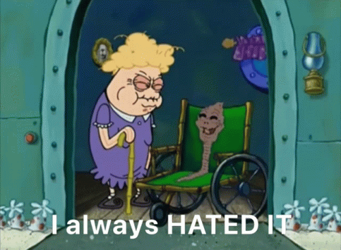 A Cartoon Of An Elderly Woman Standing Next To A Wheelchair With The Words " I Always Hated It " On The Bottom GIF
