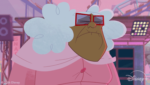 A Cartoon Of An Old Lady With Glasses And A Disney Logo On The Bottom GIF