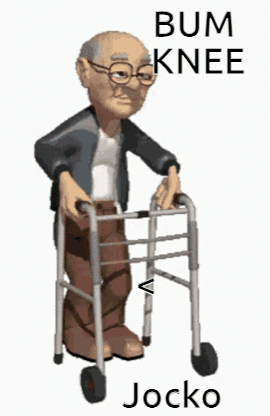 A Cartoon Of An Old Man Using A Walker With The Words `` Bum Knee Jocko '' Written On It . GIF