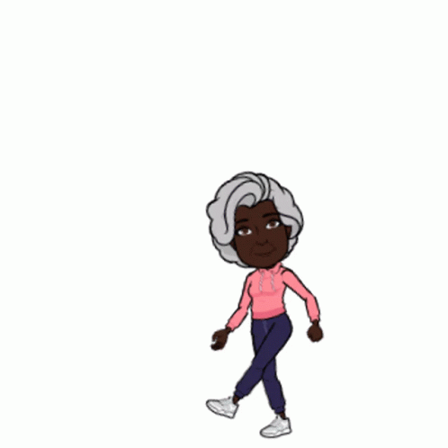 A Cartoon Of An Older Woman With Gray Hair And A Pink Hoodie Is Standing On One Leg . GIF